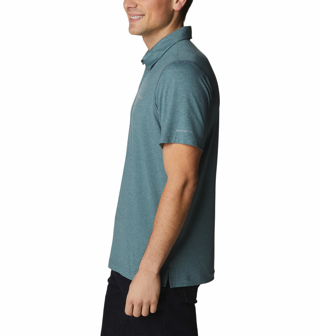 A Men Wearing Columbia Men Green Tech Trail Polo (Sun Protection)