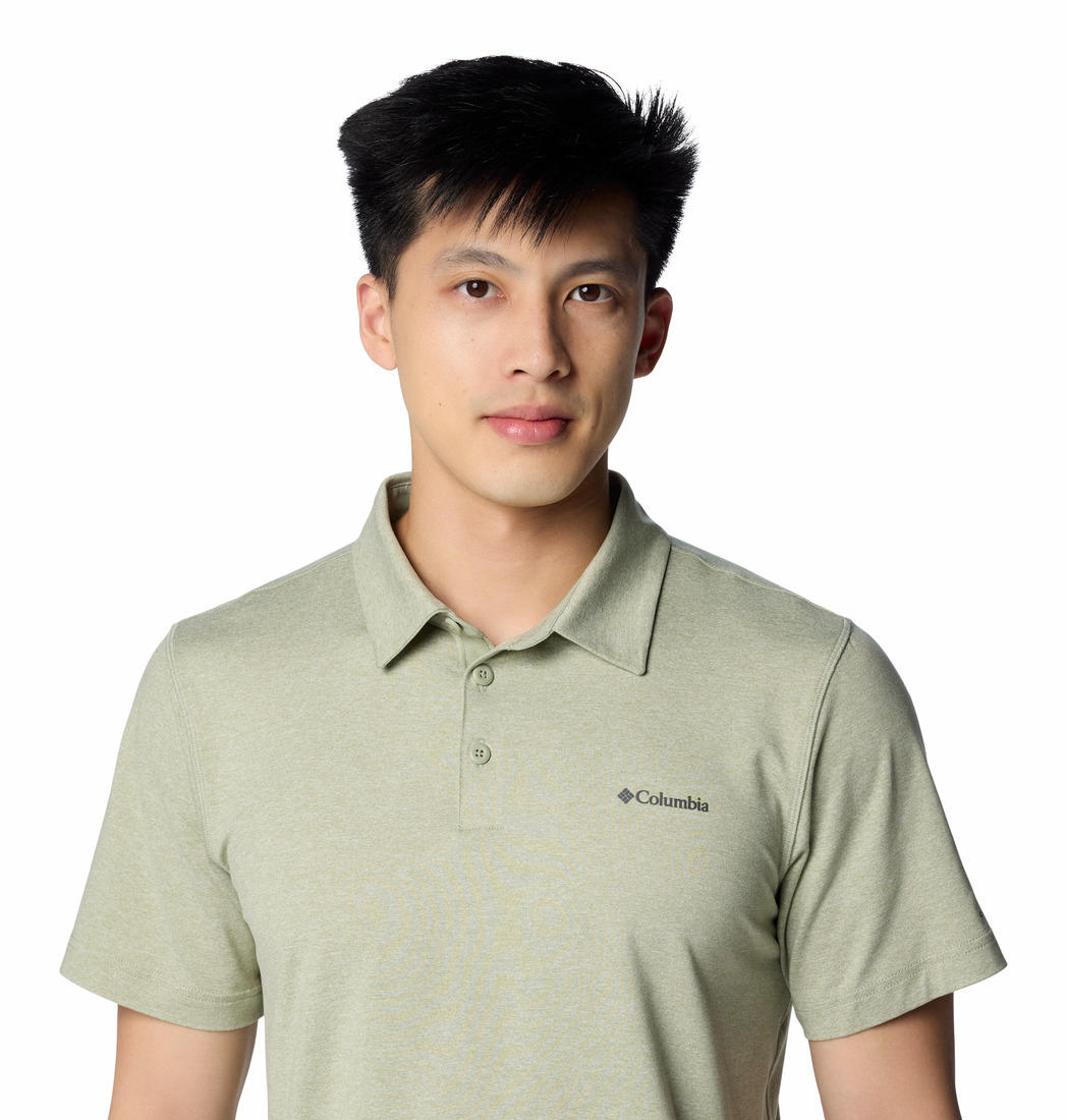 A Men Wearing Columbia Men Green Tech Trail Polo (Sun Protection)