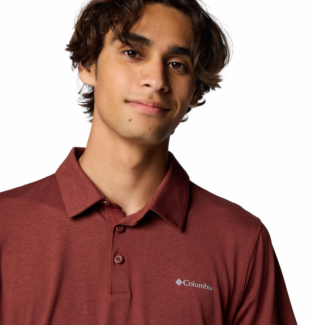 A Men Wearing Columbia Men Red Tech Trail Polo (Sun Protection)