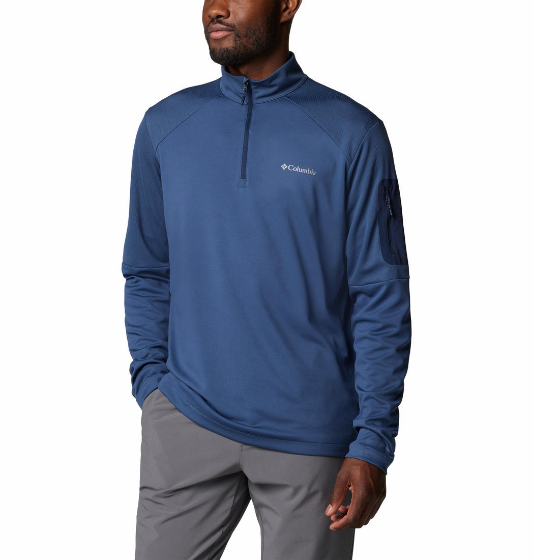 Columbia Men Blue Omni-Shade Tech Knit 1/4 Zip Tshirt (Sun Protection)