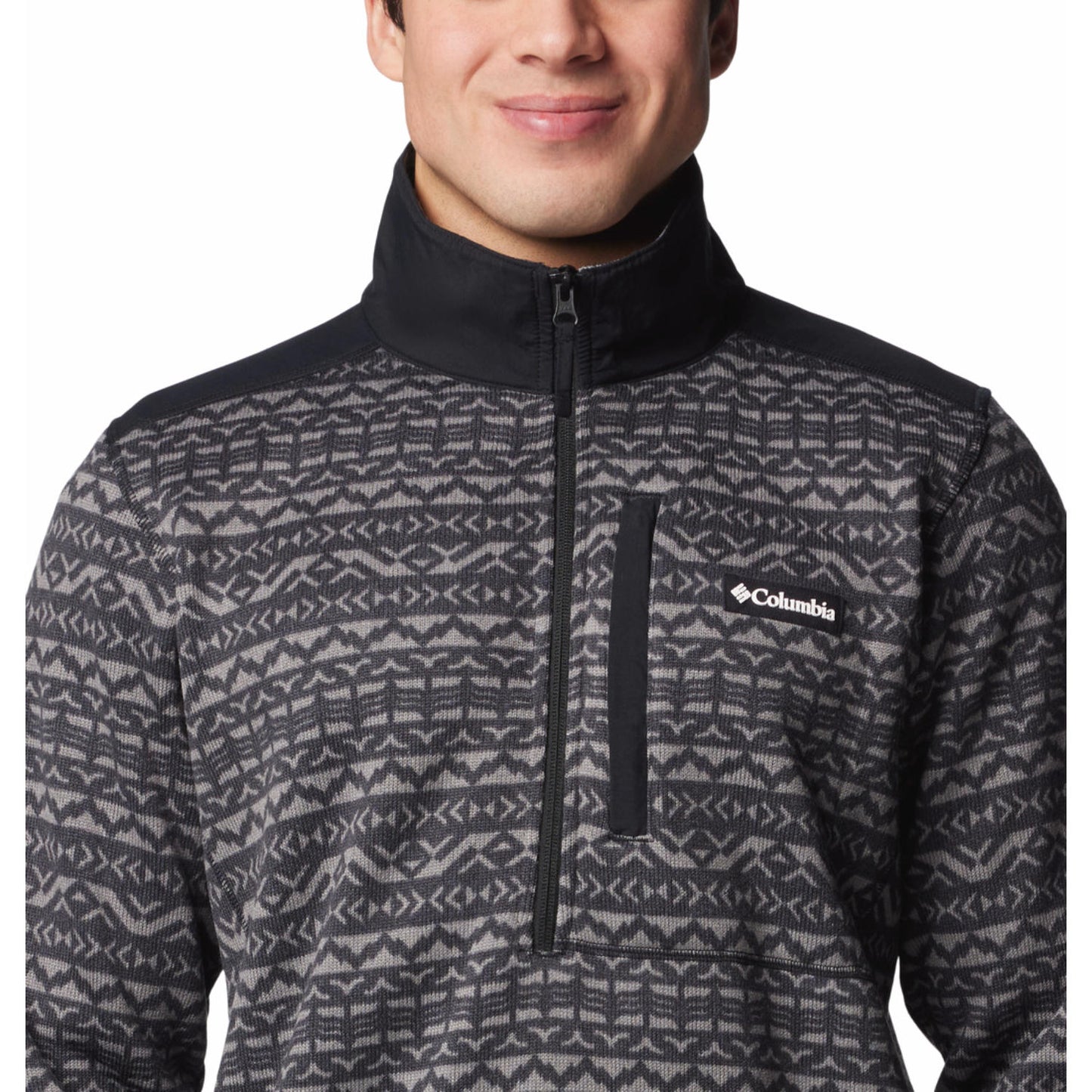 A Men Wearing Columbia Men Black Sweater Weather Printed Half Zip II