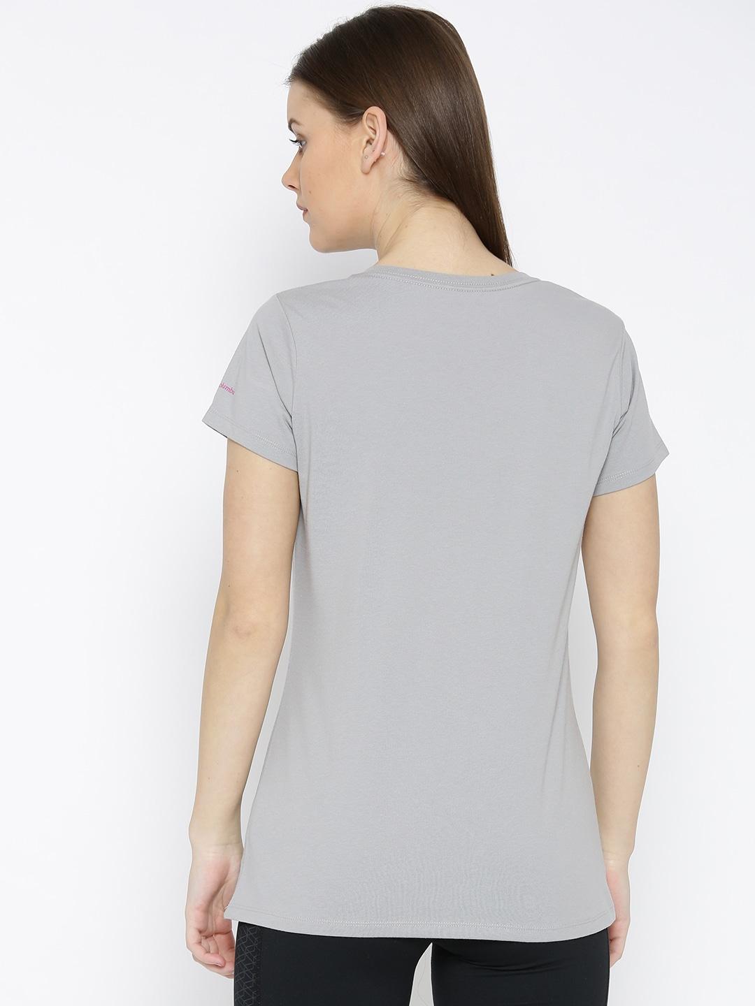 A Women Wearing Columbia Women Grey Camp Stamp Performance Tee