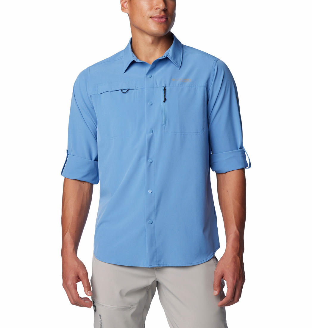 A Men Wearing Columbia Men Navy Blue Summit Valley Woven LS Shirt (Sun Protection)