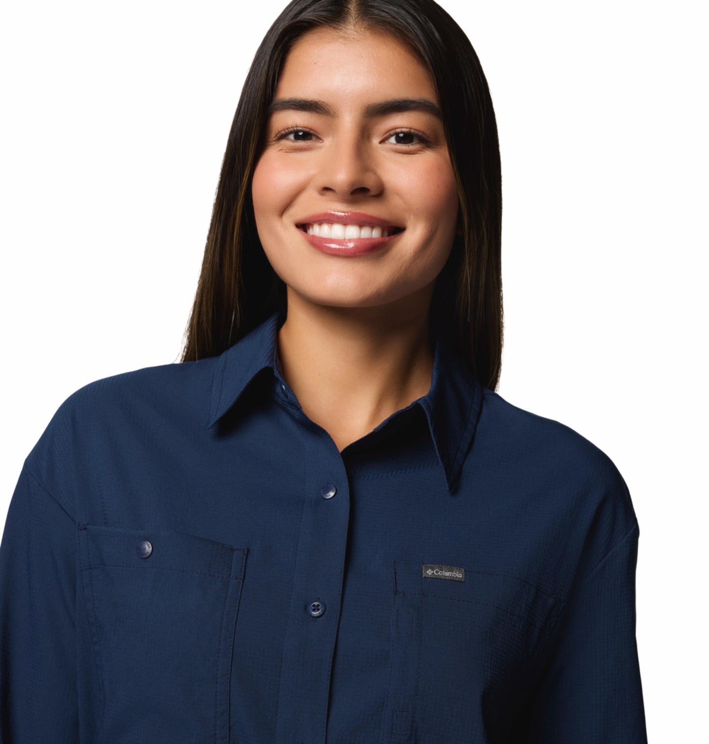 A Women Wearing Columbia Women Blue Silver Ridge Utility LS Shirt (Sun Protection)