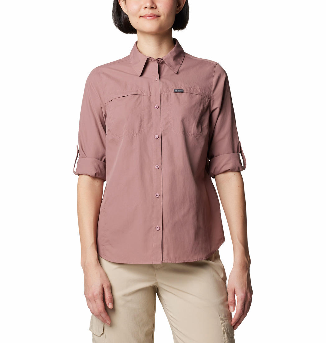 A Women Wearing Columbia Women Red Silver Ridge 3.0 LS (Sun Protection)