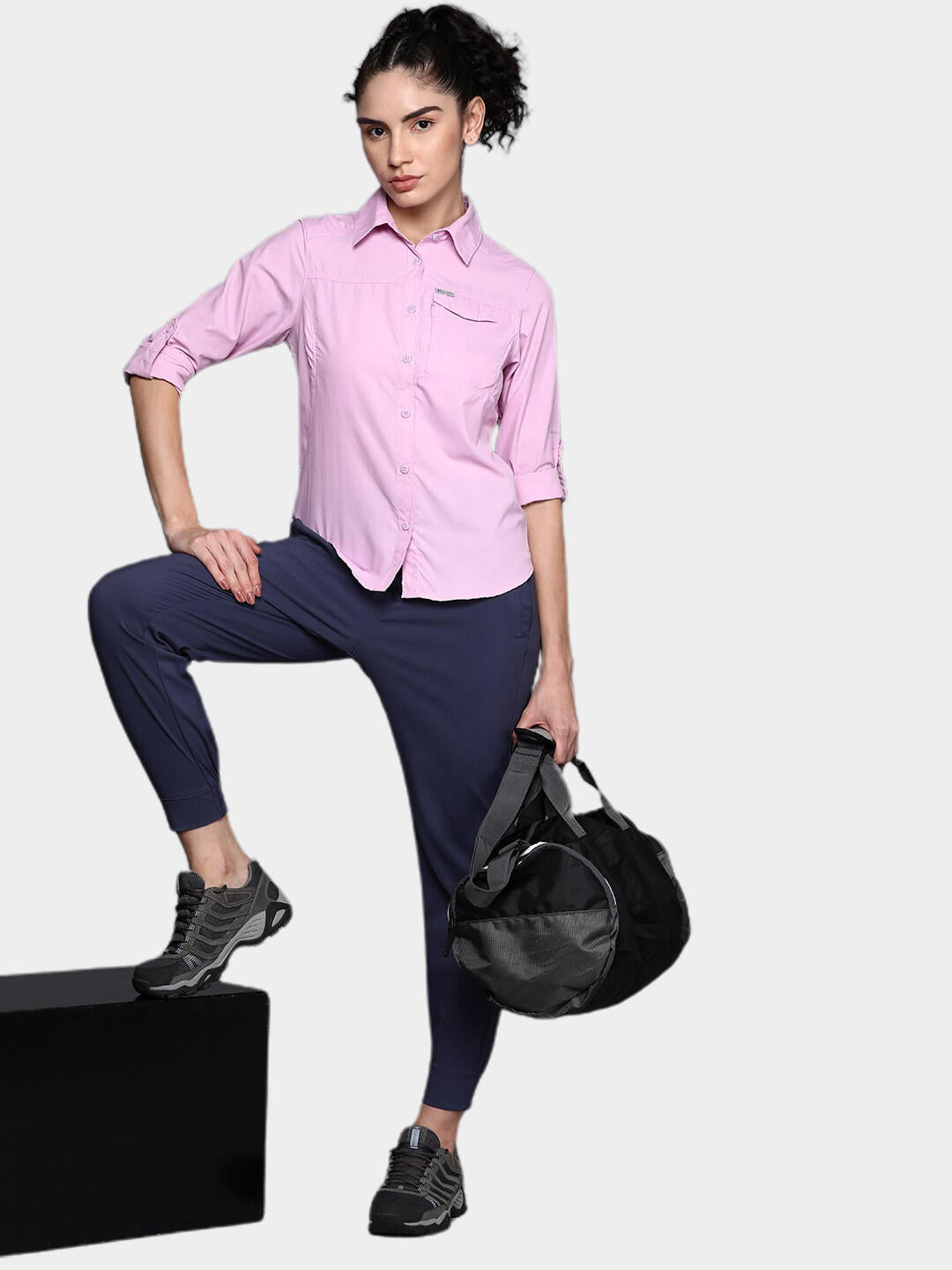 A Women Wearing Columbia Women Purple Silver Ridge 2.0 Long Sleeve (Sun Protection)