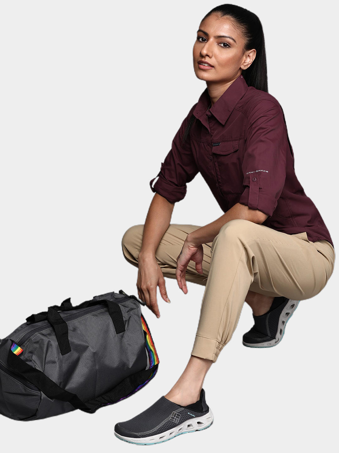 A Women Wearing Columbia Women Purple Silver Ridge 2.0 Long Sleeve (Sun Protection)