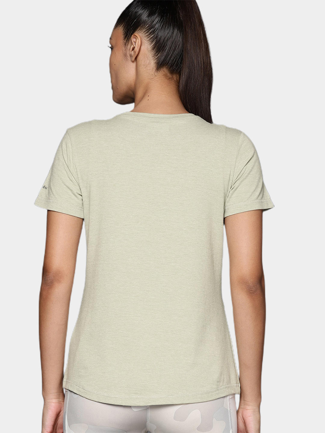A Women Wearing Columbia Women Green Sun Trek SS Tee (Sun Protection)