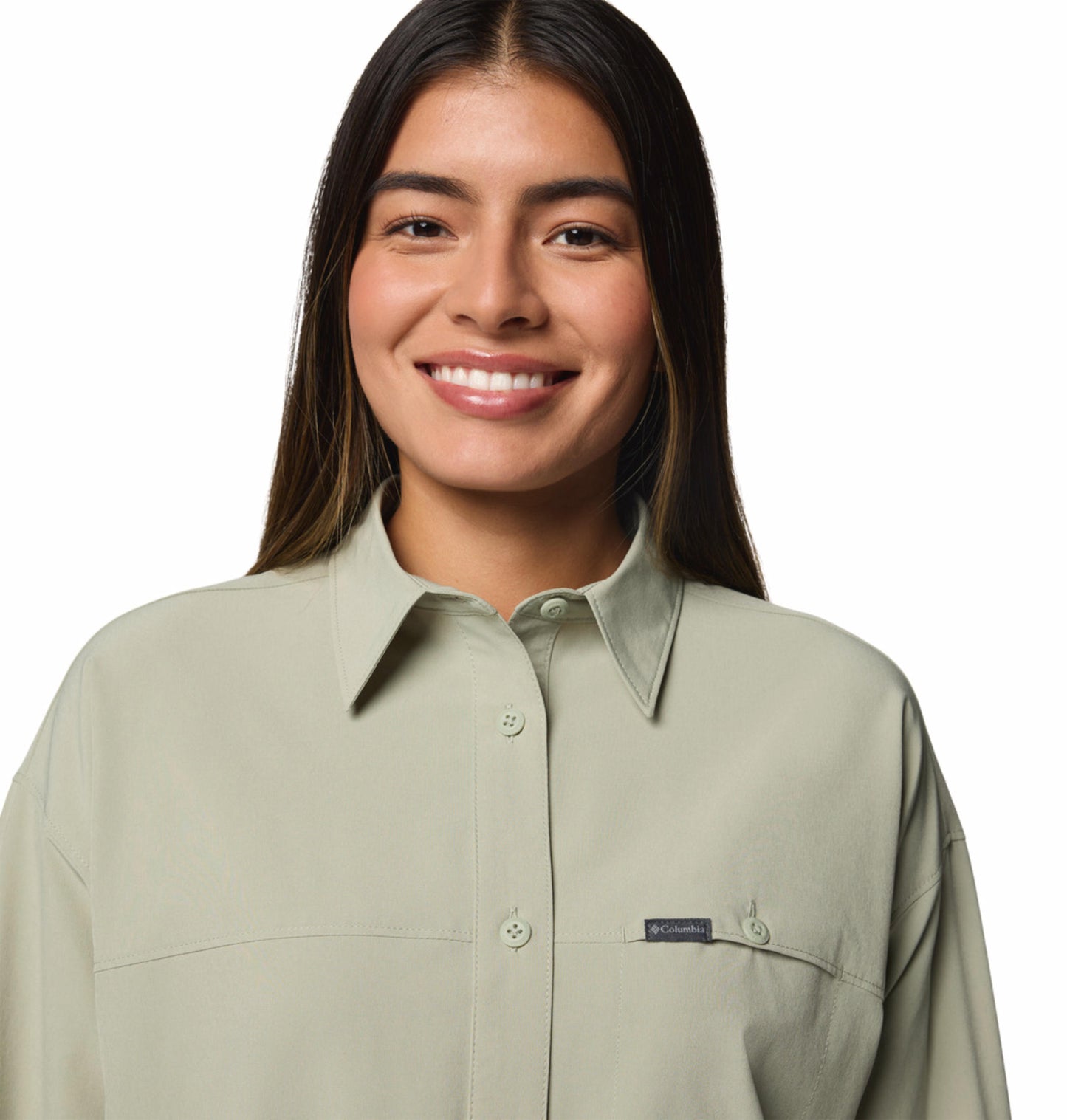 A Women Wearing Columbia Women Green Boundless Trek Layering LS II (Sun Protection)
