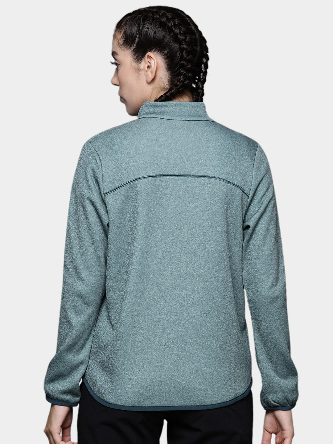 A Women Wearing Columbia Women Blue Col Hike Tech Fleece FZ