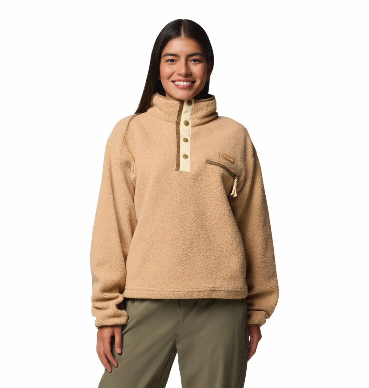 A Women Wearing Columbia Women Brown Helvetia II Cropped Half Snap Fleece