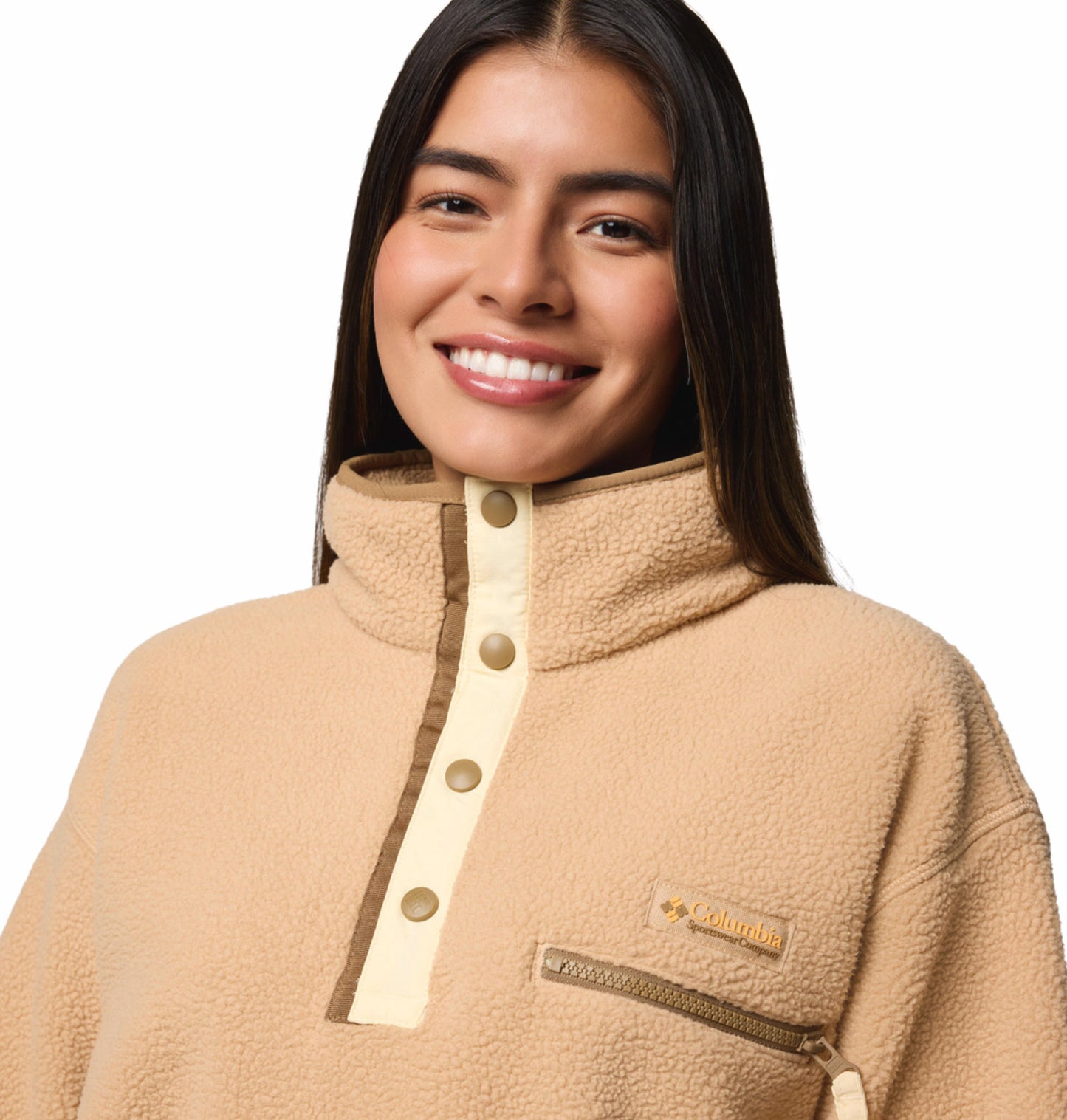 A Women Wearing Columbia Women Brown Helvetia II Cropped Half Snap Fleece