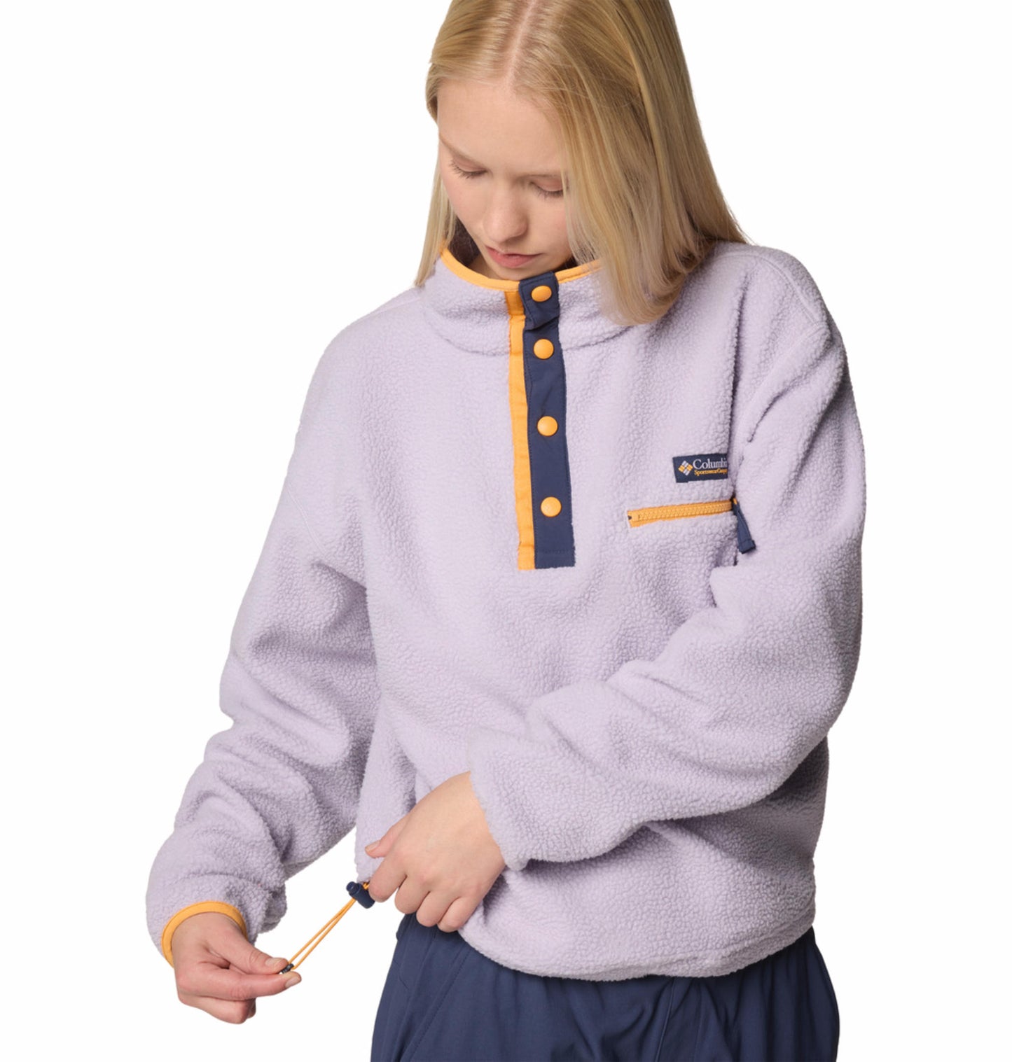A Women Wearing Columbia Women Purple Helvetia II Cropped Half Snap Fleece