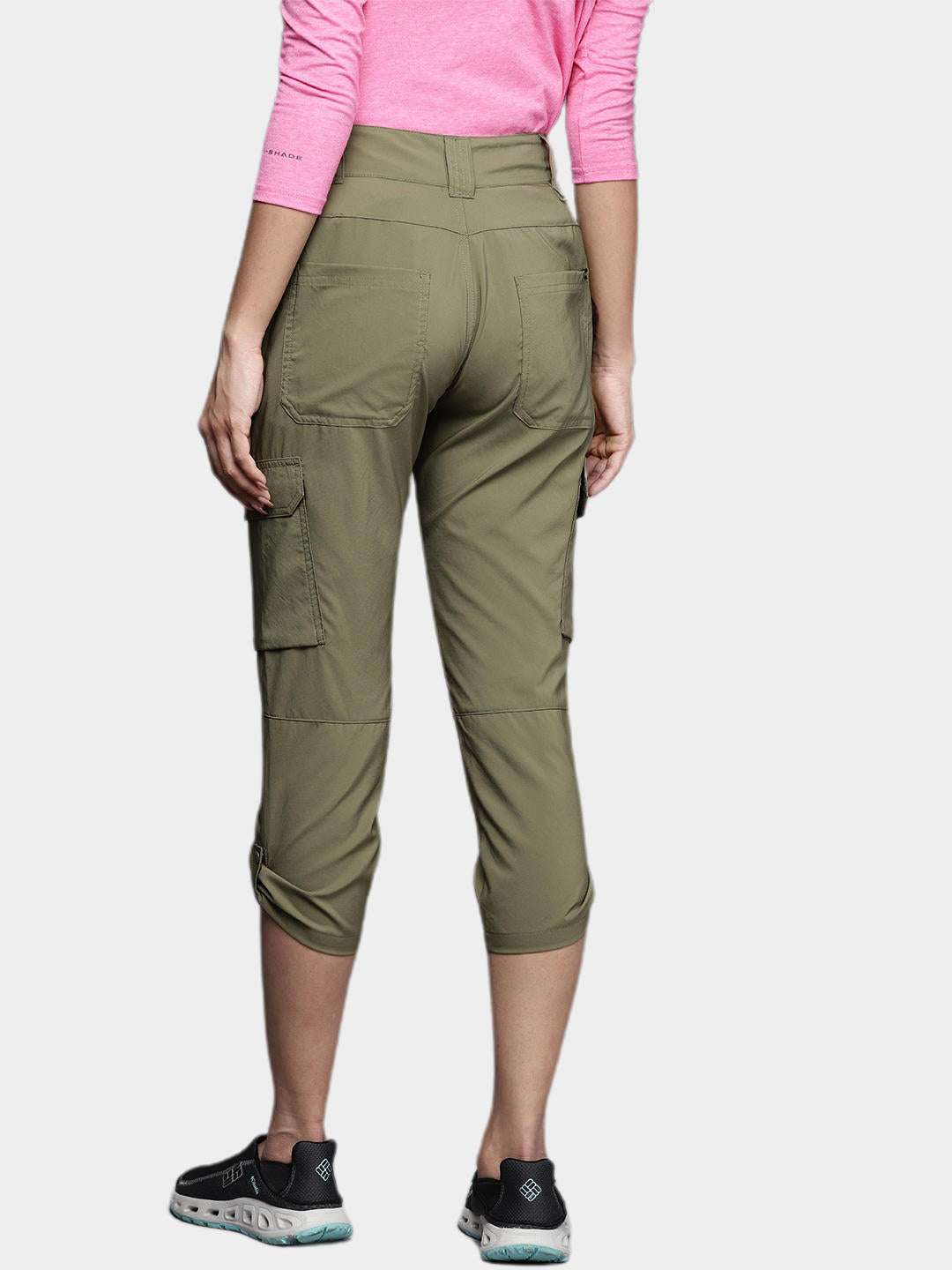 A Women Wearing Columbia Women Green Silver Ridge Utility Capri (Sun Protection)