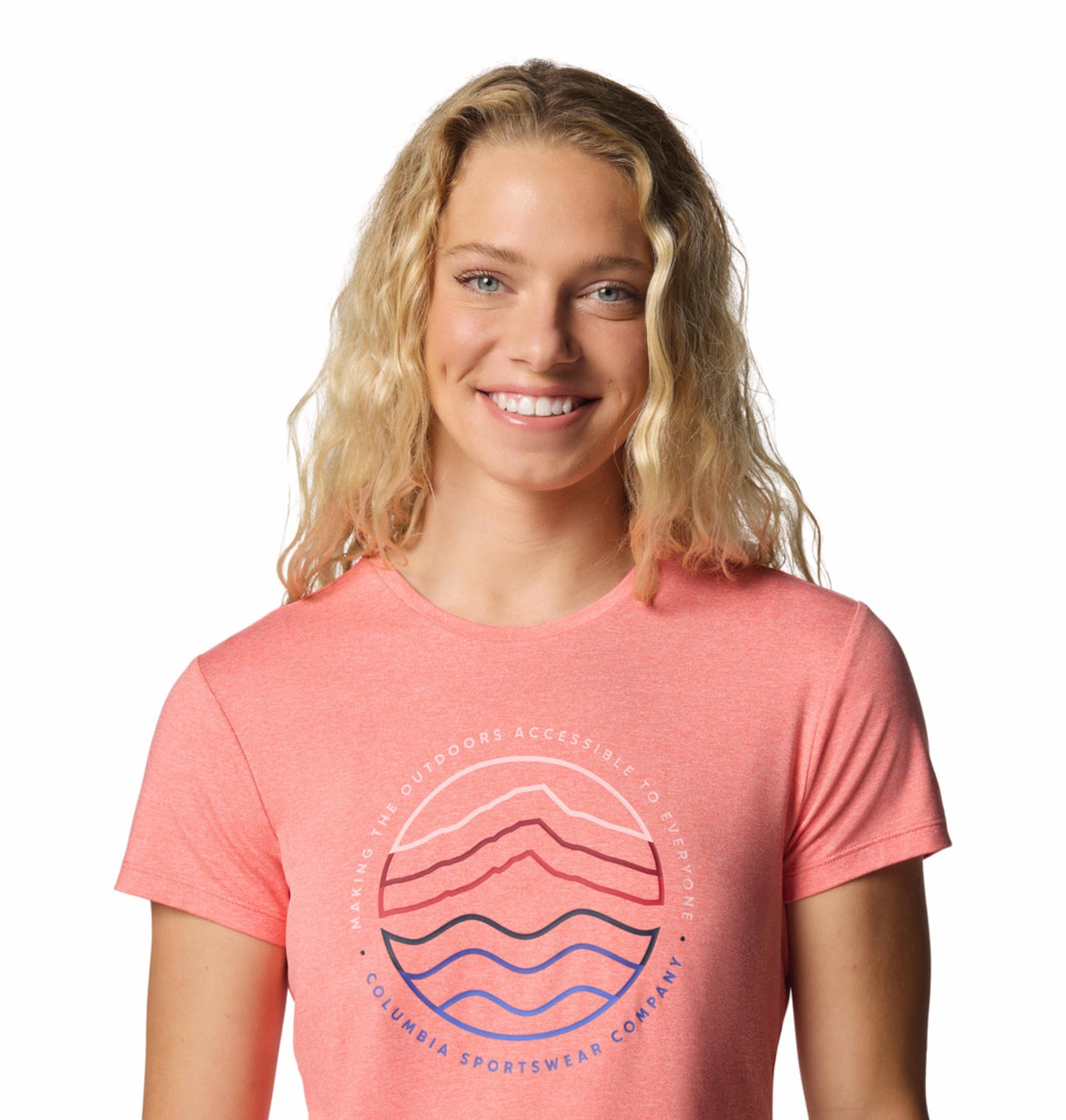 A Women Wearing Columbia Women Pink Sloan Ridge Graphic SS Tee