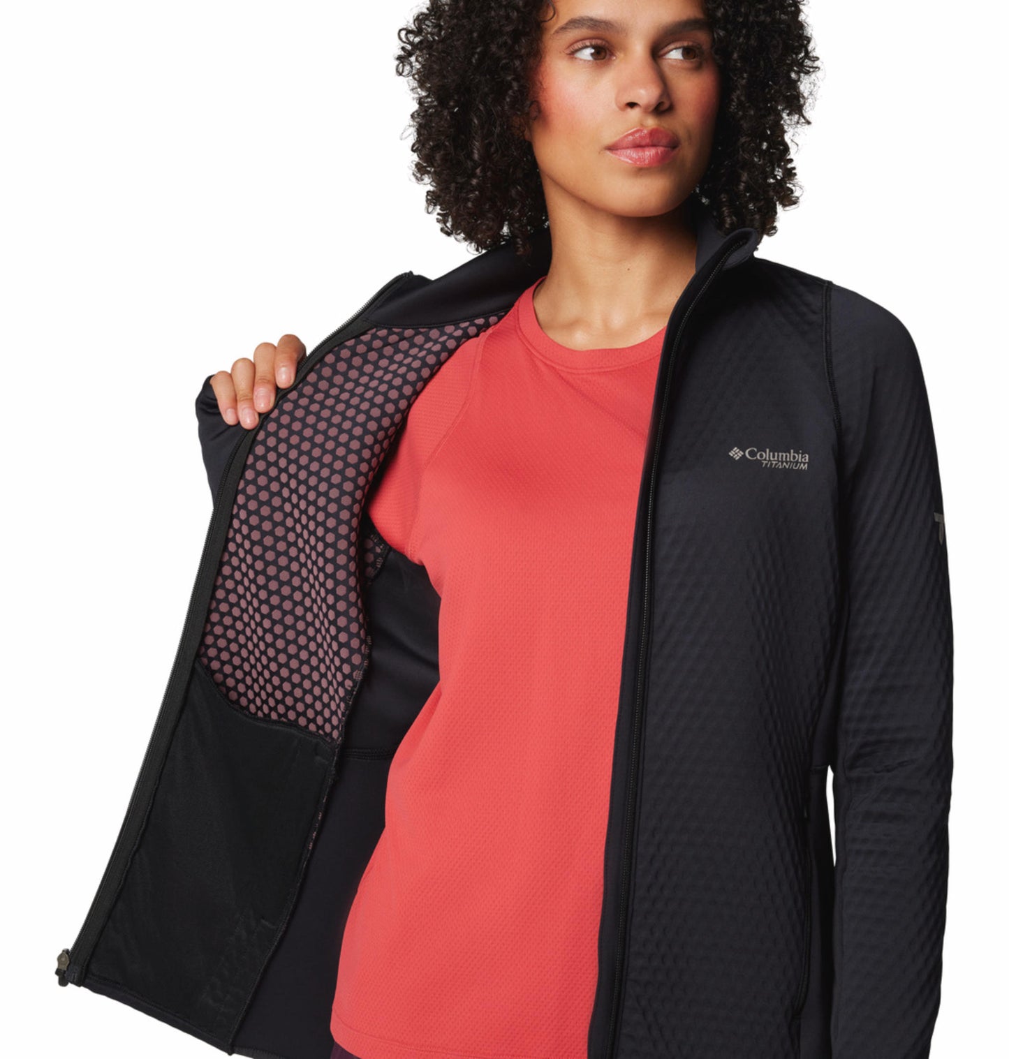 A Women Wearing Columbia Women Black Triple Canyon Grid Fleece FZ