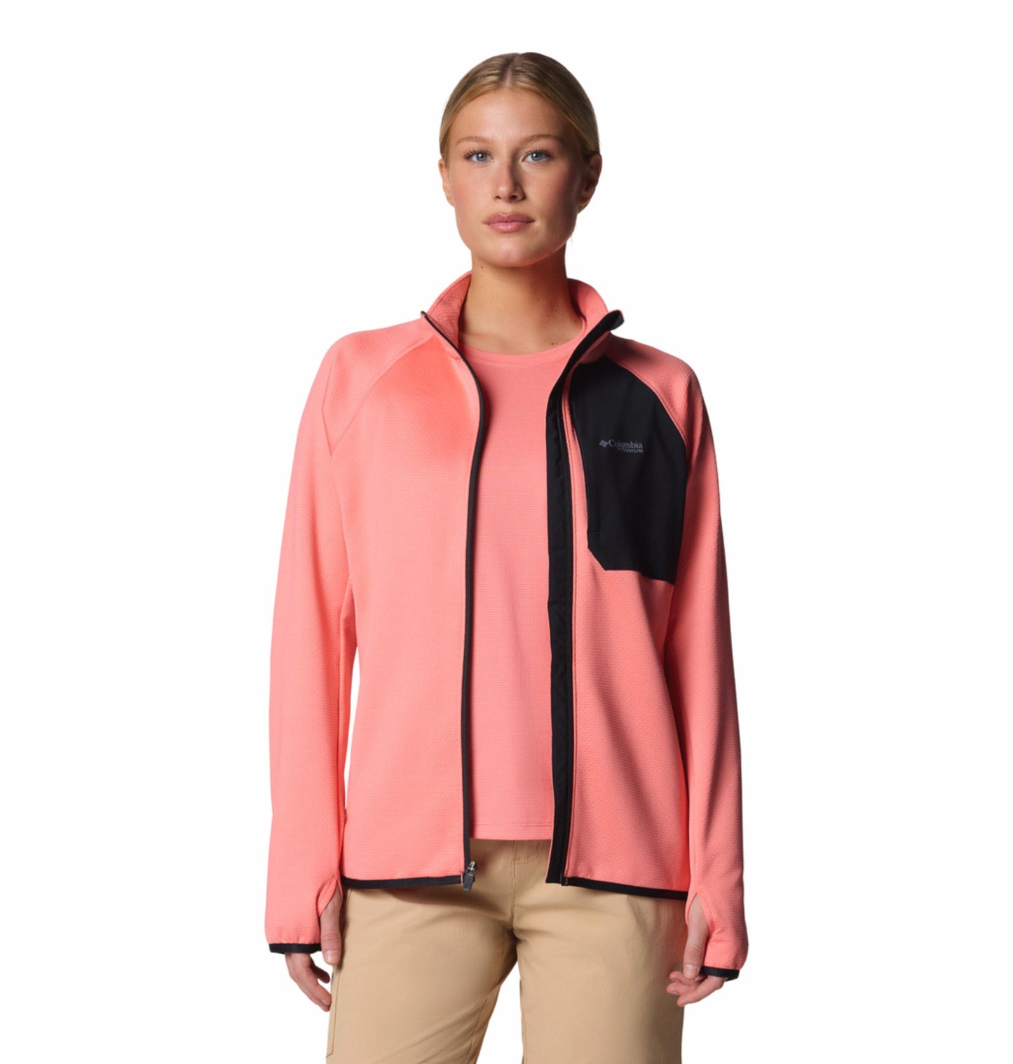 A Women Wearing Columbia Women Pink Triple Canyon Grid Fleece FZ