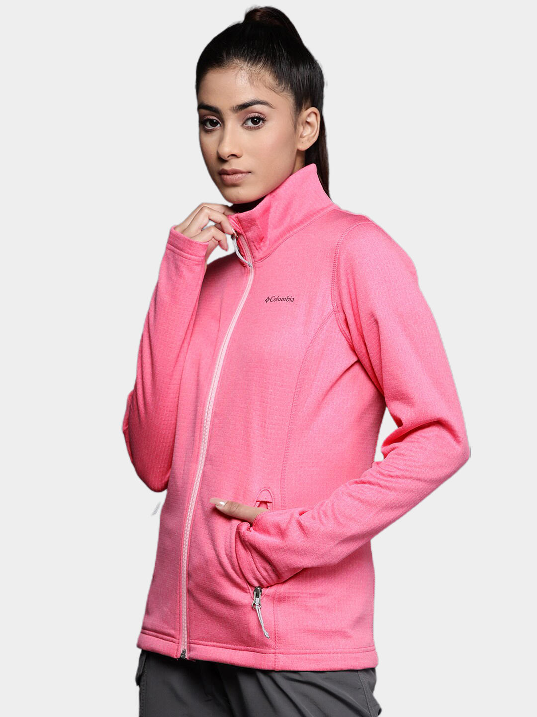A Women Wearing Columbia Women Pink W Park View Grid Fleece Full Zip (Sun Protection)