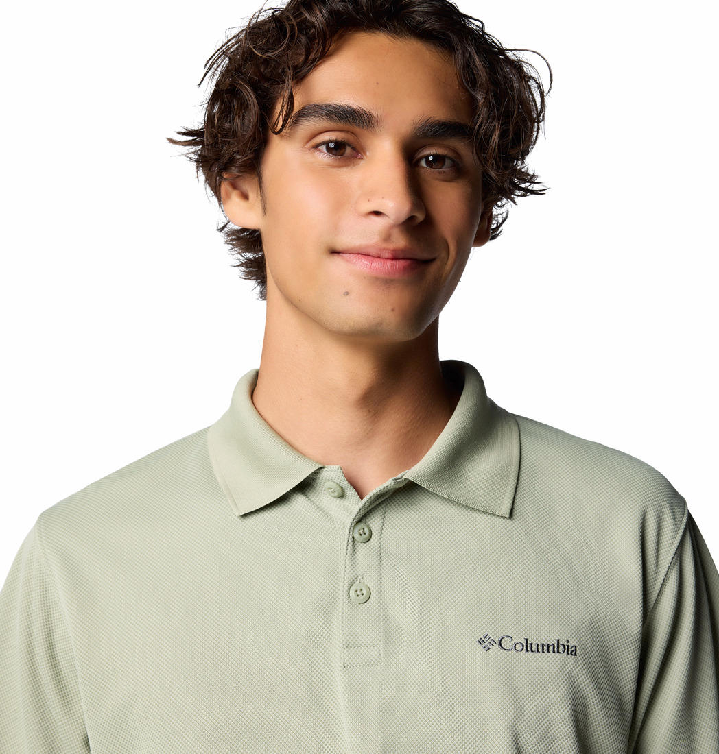 A Men Wearing Columbia Men Green Utilizer Polo (Sun Protection)