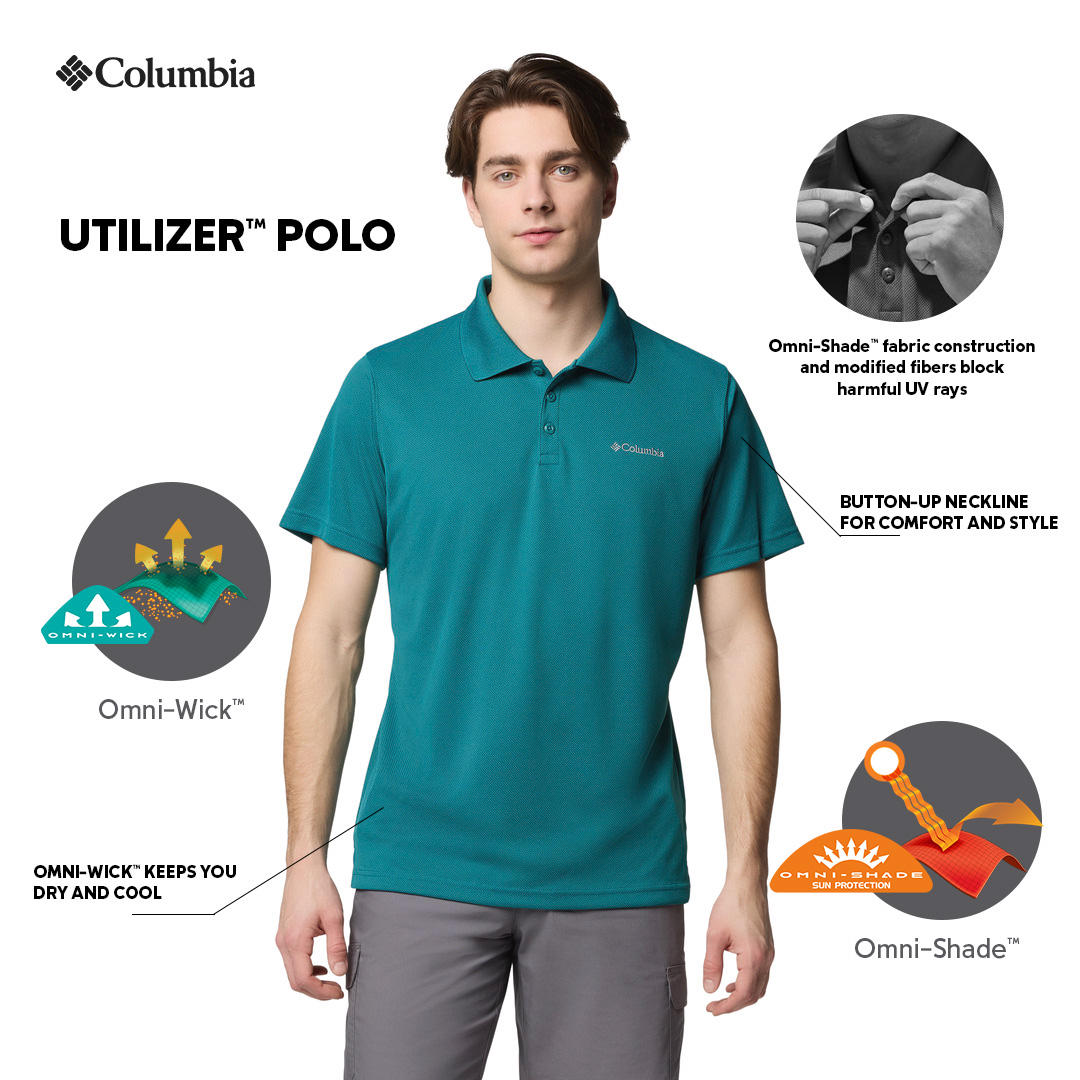 A Men Wearing Columbia Men Blue Utilizer Polo (Sun Protection)