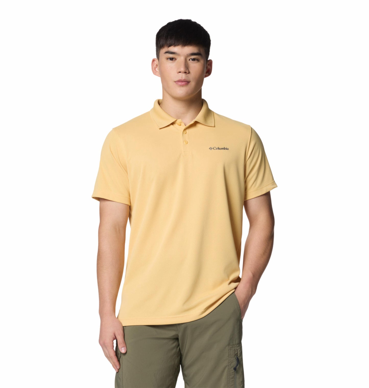 A Men Wearing Columbia Men Yellow Utilizer Polo (Sun Protection)