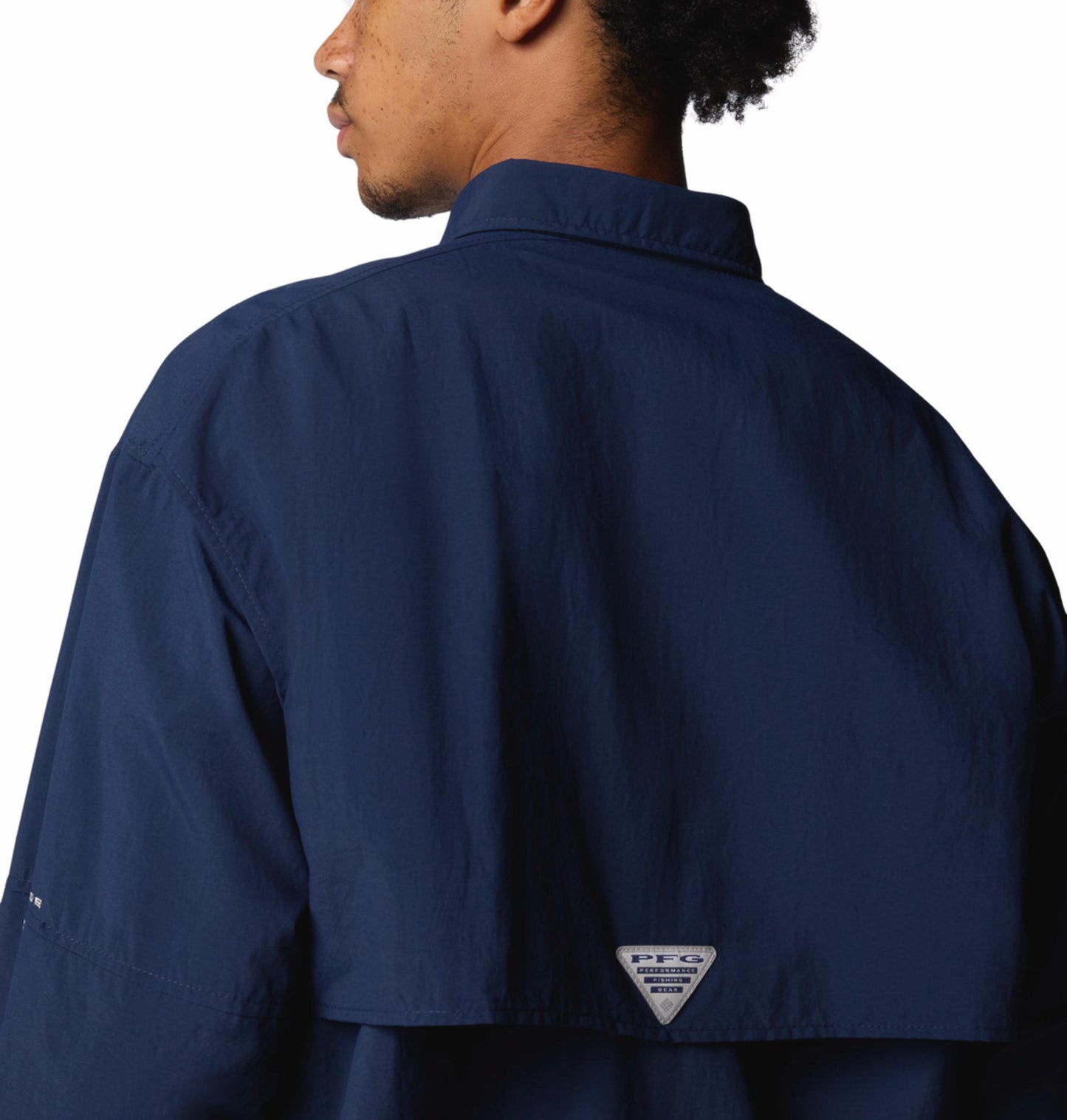 A Men Wearing Columbia Men Blue Bahama II L/S Shirt (Sun Protection)
