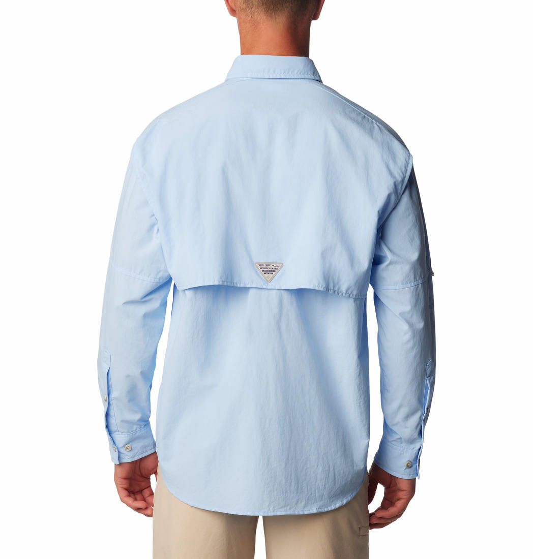 A Men Wearing Columbia Men Blue Bahama II L/S Shirt (Sun Protection)