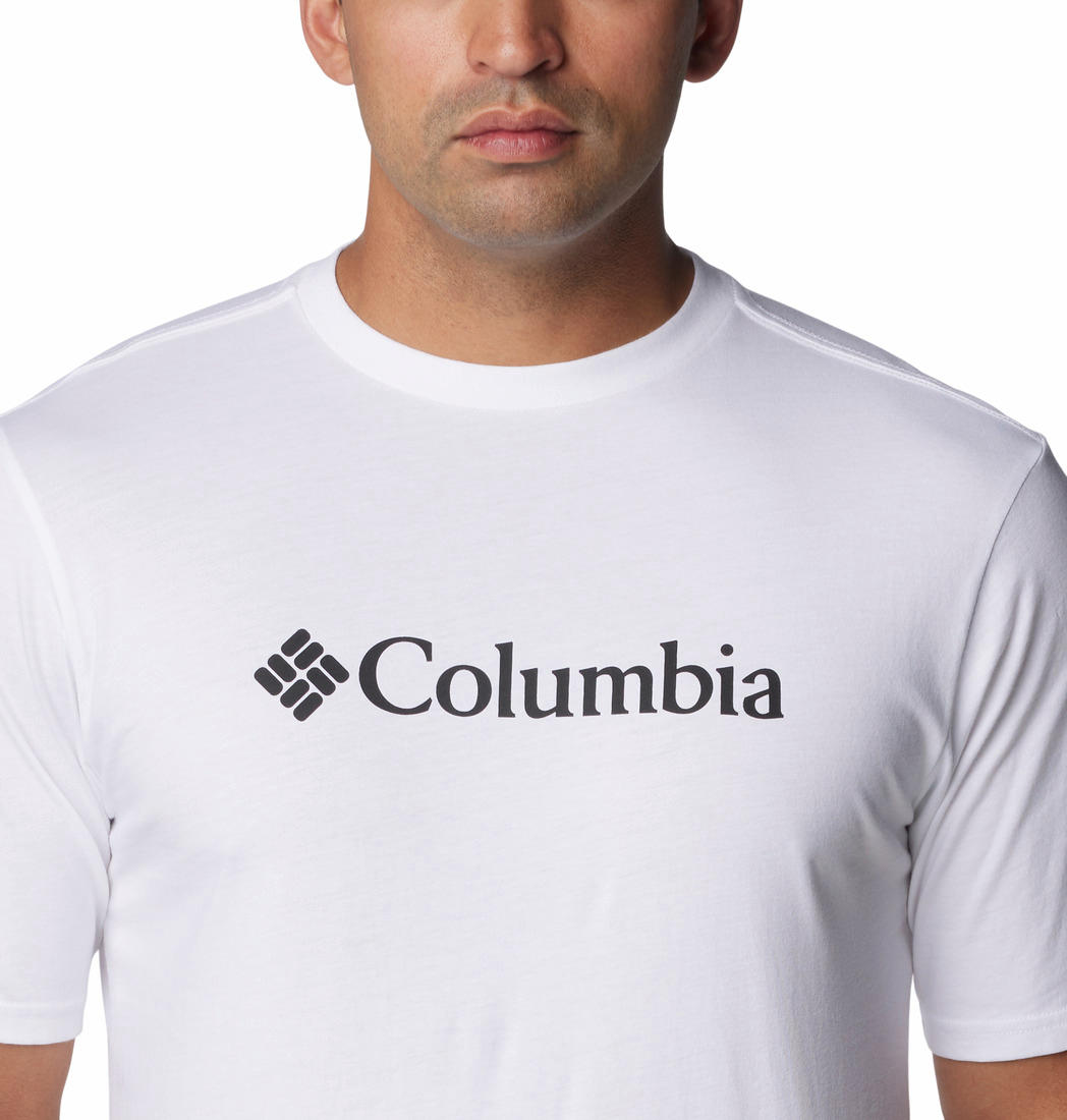A Men Wearing Columbia Men White CSC Basic Logo Short Sleeve