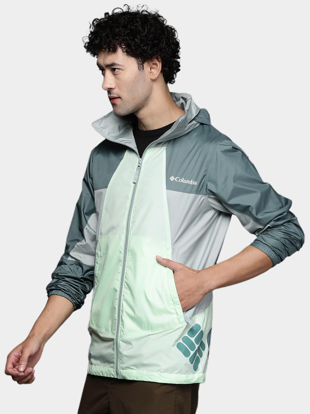 Columbia Men Green UPF 40 Point Park Hooded Windbreaker