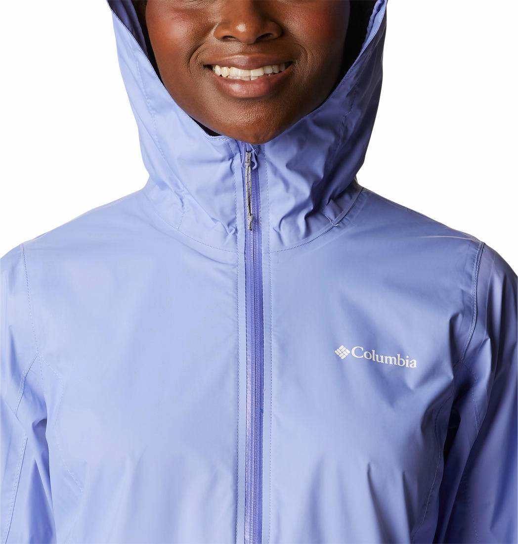 A Women Wearing Columbia Women Purple EvaPOURation Jacket Waterproof
