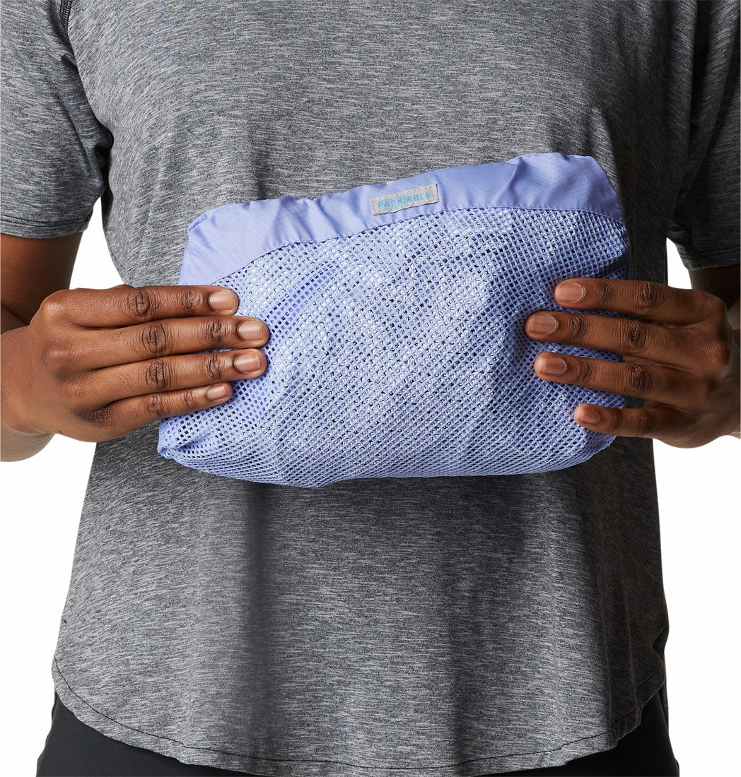 A Women Wearing Columbia Women Purple EvaPOURation Jacket Waterproof