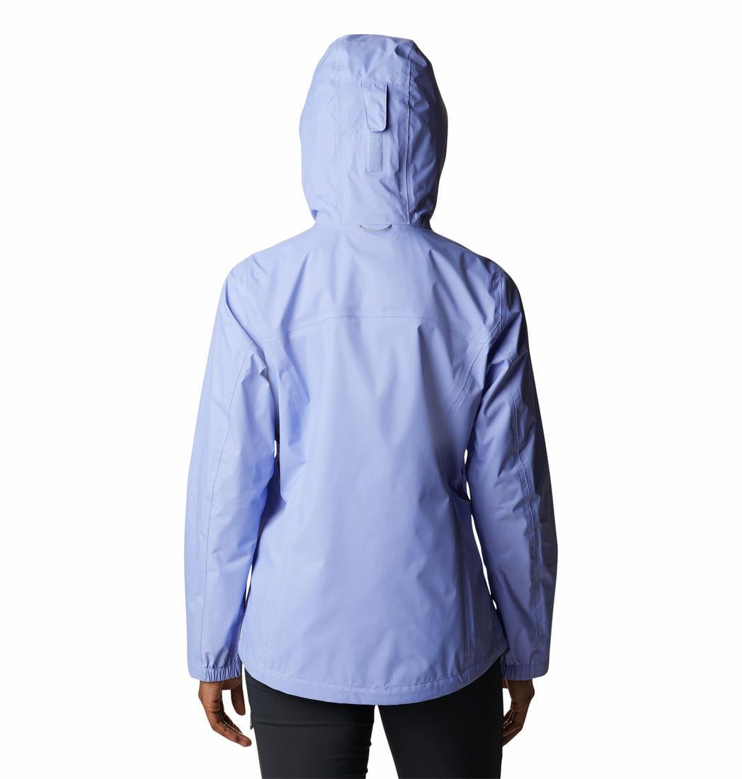 A Women Wearing Columbia Women Purple EvaPOURation Jacket Waterproof