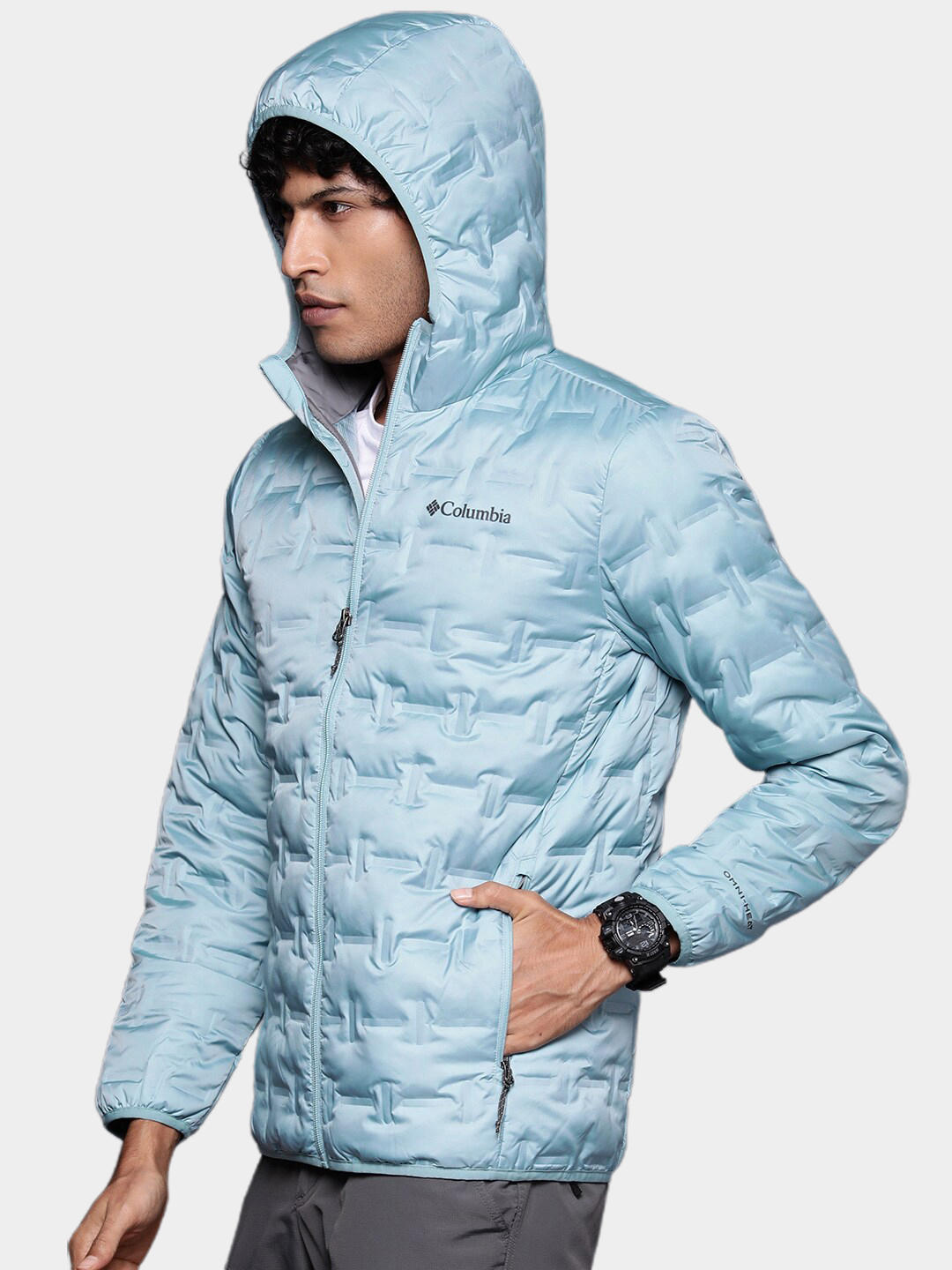 A Men Wearing Columbia Men Blue Delta Ridge Down Hooded Jacket
