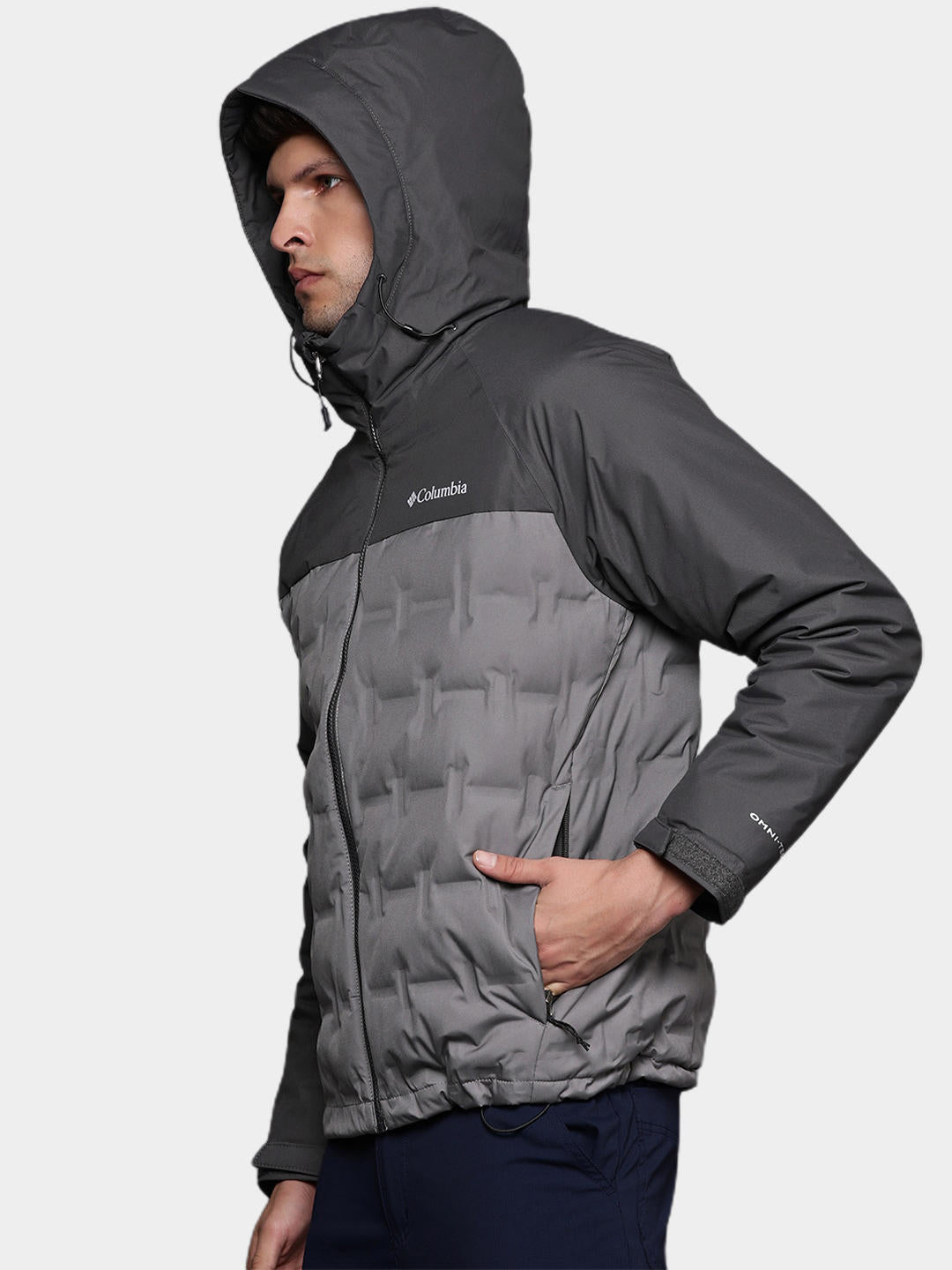 A Men Wearing Columbia Men Grey Grand Trek II Down Hooded Jacket