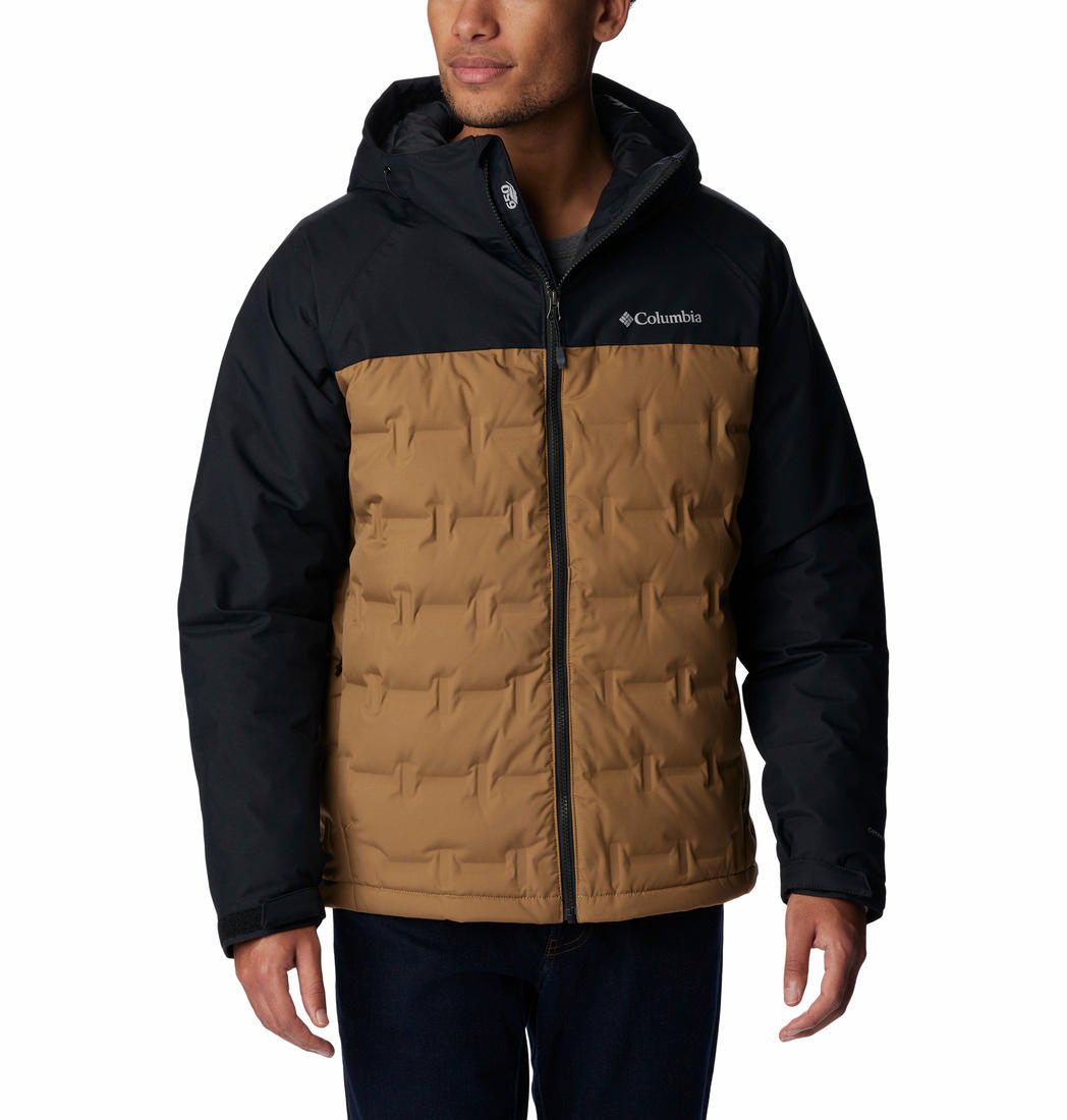 A Men Wearing Columbia Men Brown Grand Trek II Down Hooded Jacket
