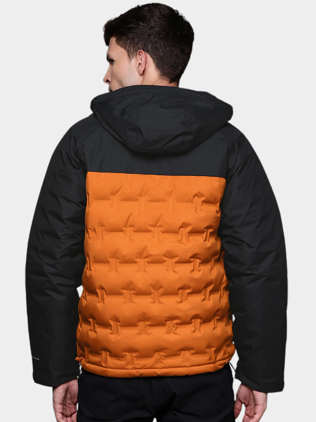 A Men Wearing Columbia Men Orange Grand Trek II Down Hooded Jacket