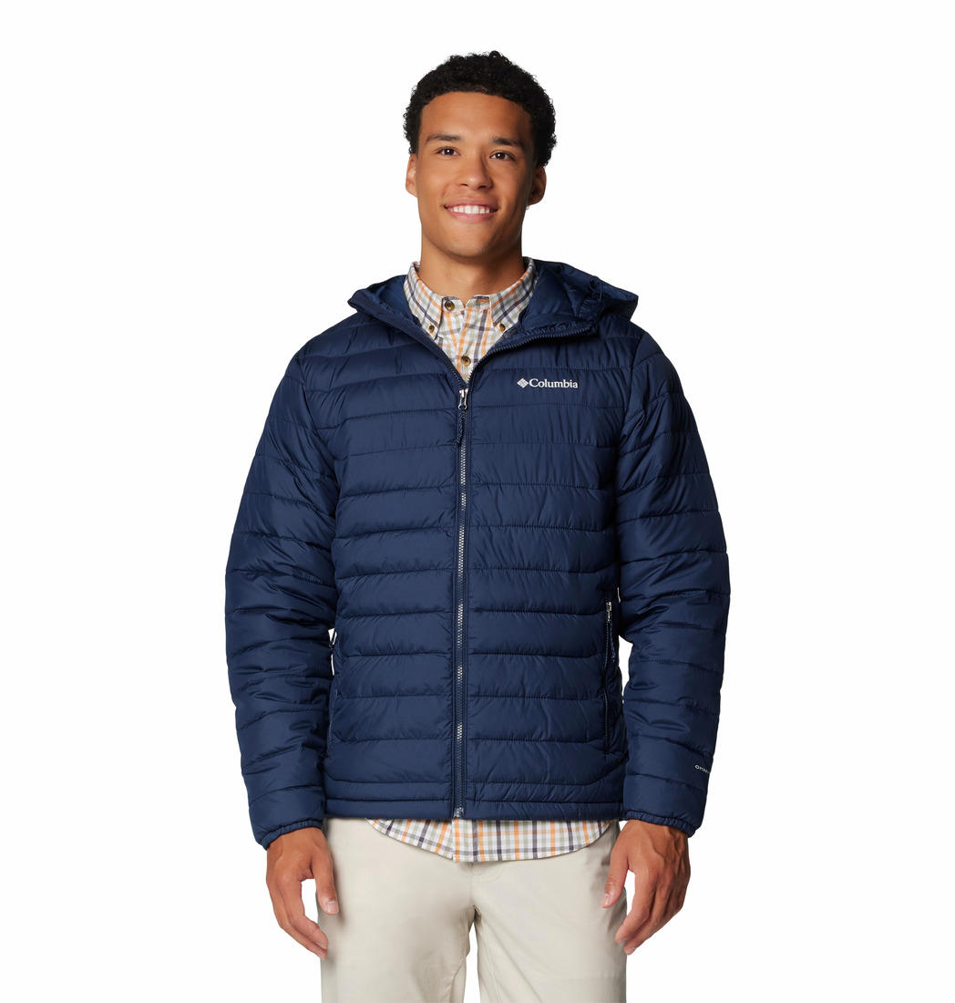 A Men Wearing Columbia Men Blue Powder Lite II Hooded Jacket
