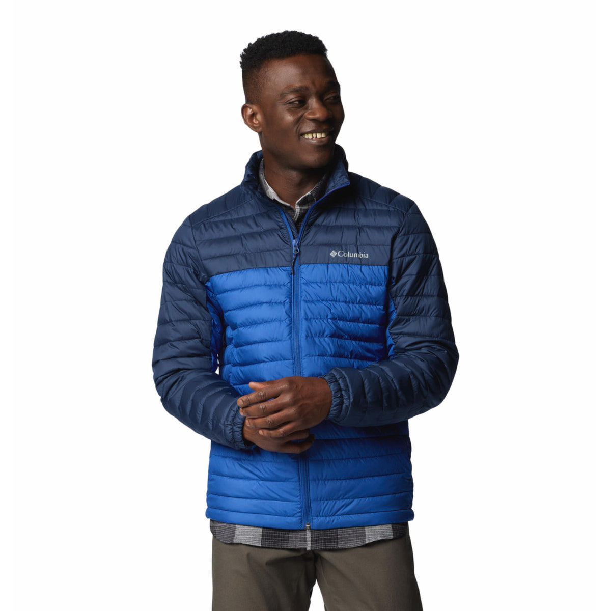 A Men Wearing Columbia Men Blue Silver Falls II Jacket