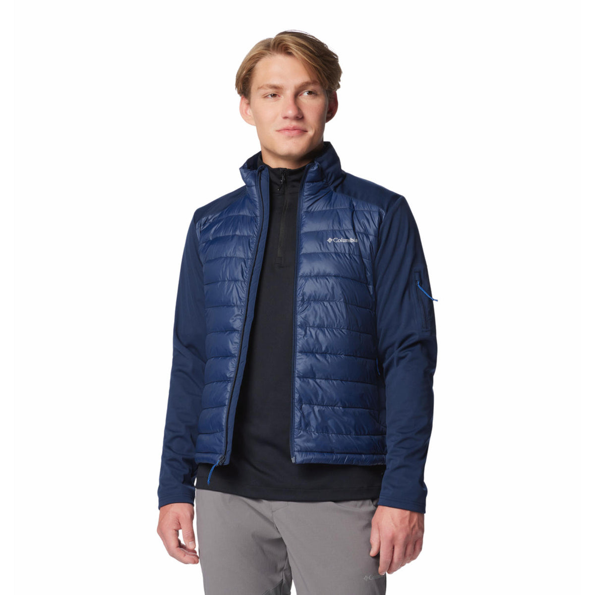 A Men Wearing Columbia Men Blue Columbia Tech Hybrid Softshell