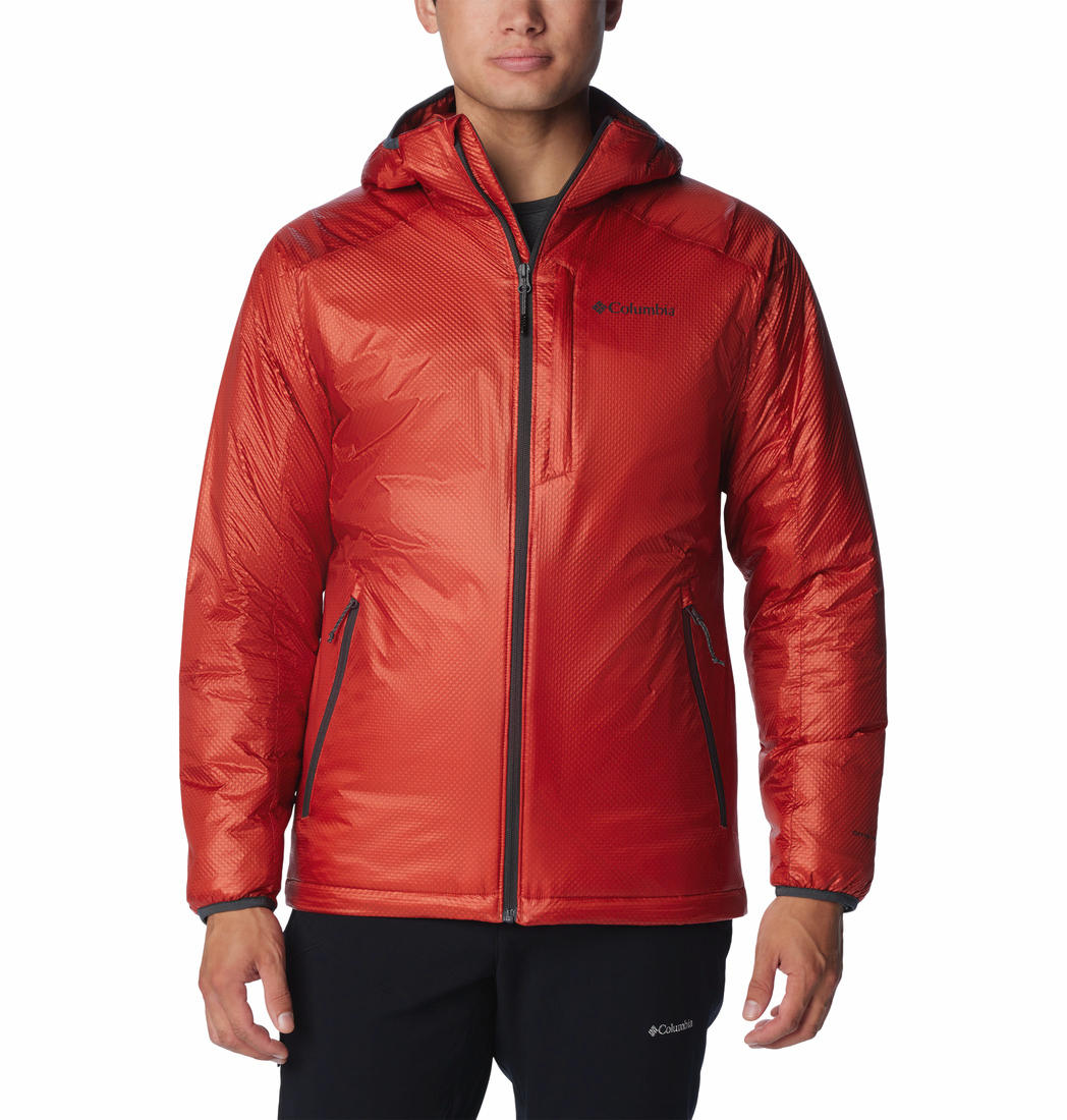 A Men Wearing Columbia Men Orange Arch Rock Double Wall Elite Hooded Jacket