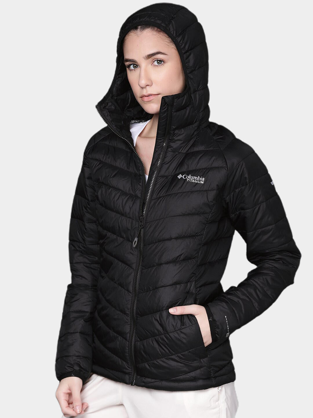 A Women Wearing Columbia Women Black Snow Country Hooded Jacket