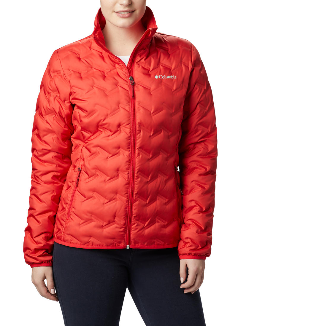 A Women Wearing Columbia Women Red Delta Ridge Down Jacket