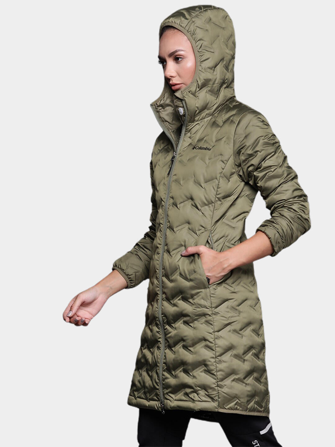 A Women Wearing Columbia Women Green Delta Ridge Long Down Jacket