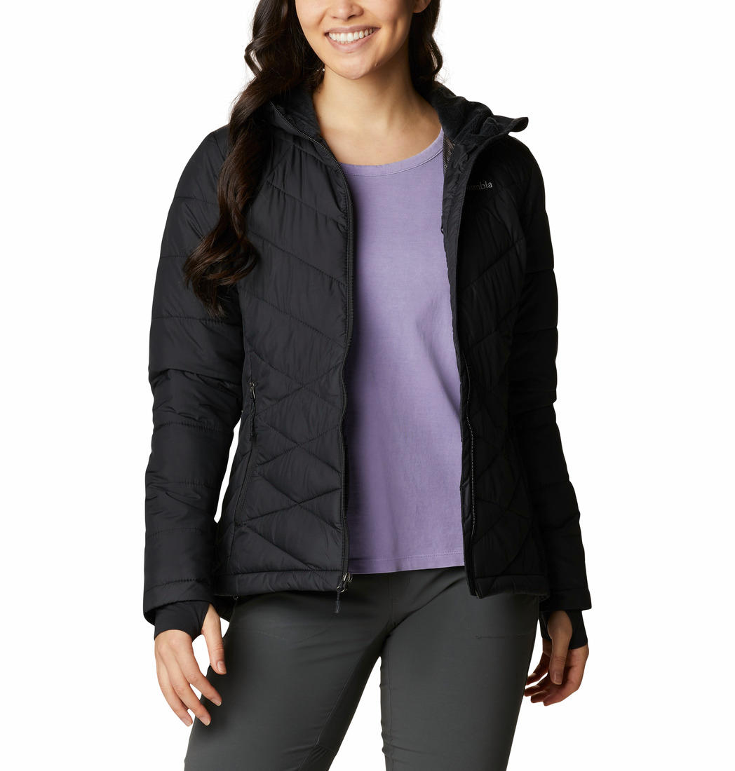 A Women Wearing Columbia Women Black Heavenly Hooded Jacket