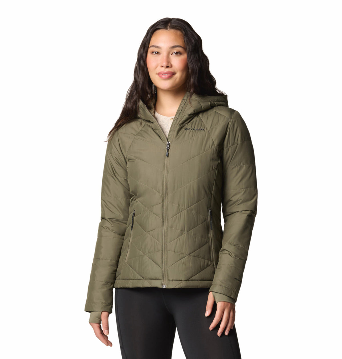 A woman wearing a green, long, hooded jacket with synthetic down insulation, designed for warmth and comfort.
