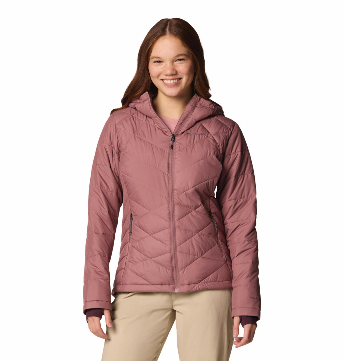 A woman wearing a red, long, hooded jacket with synthetic insulation, designed for warmth and comfort in cold weather.