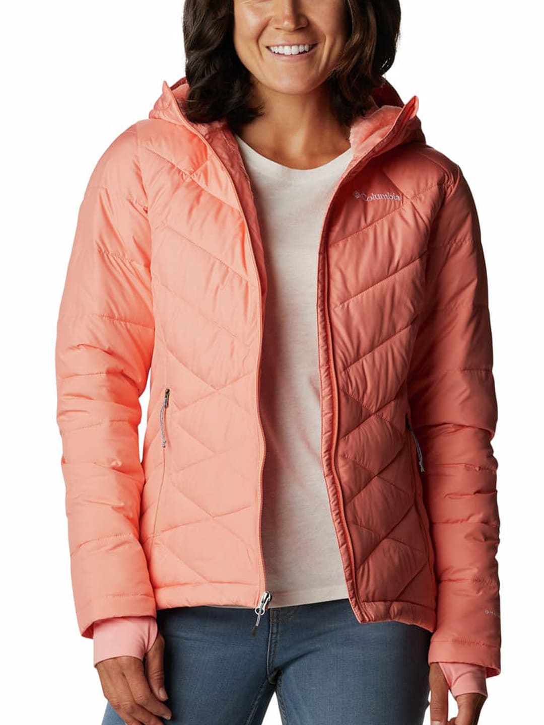 A Women Wearing Columbia Women Peach Heavenly Hooded Jacket