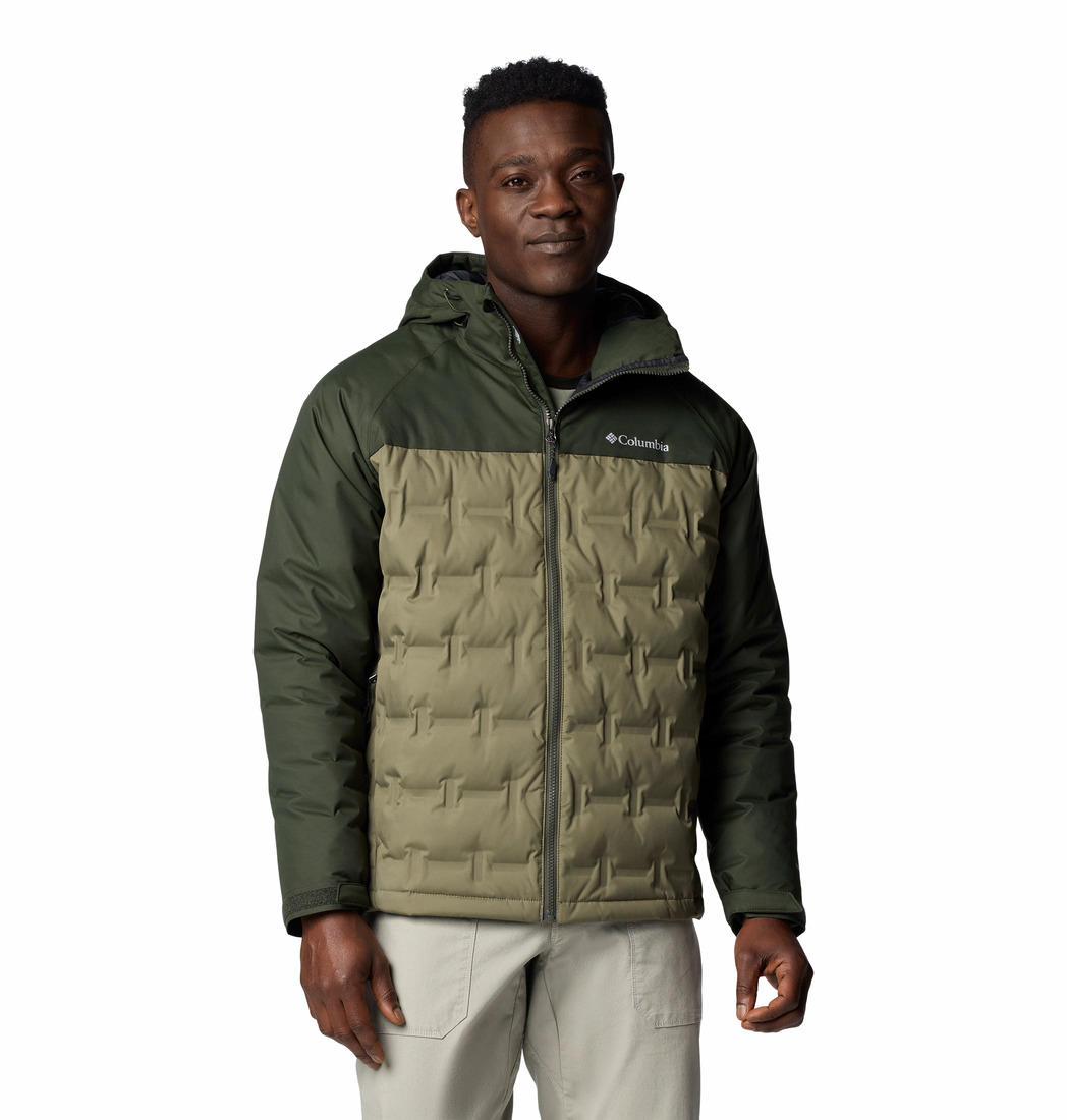 A Men Wearing Columbia Men Green Grand Trek III Down Hooded Jacket