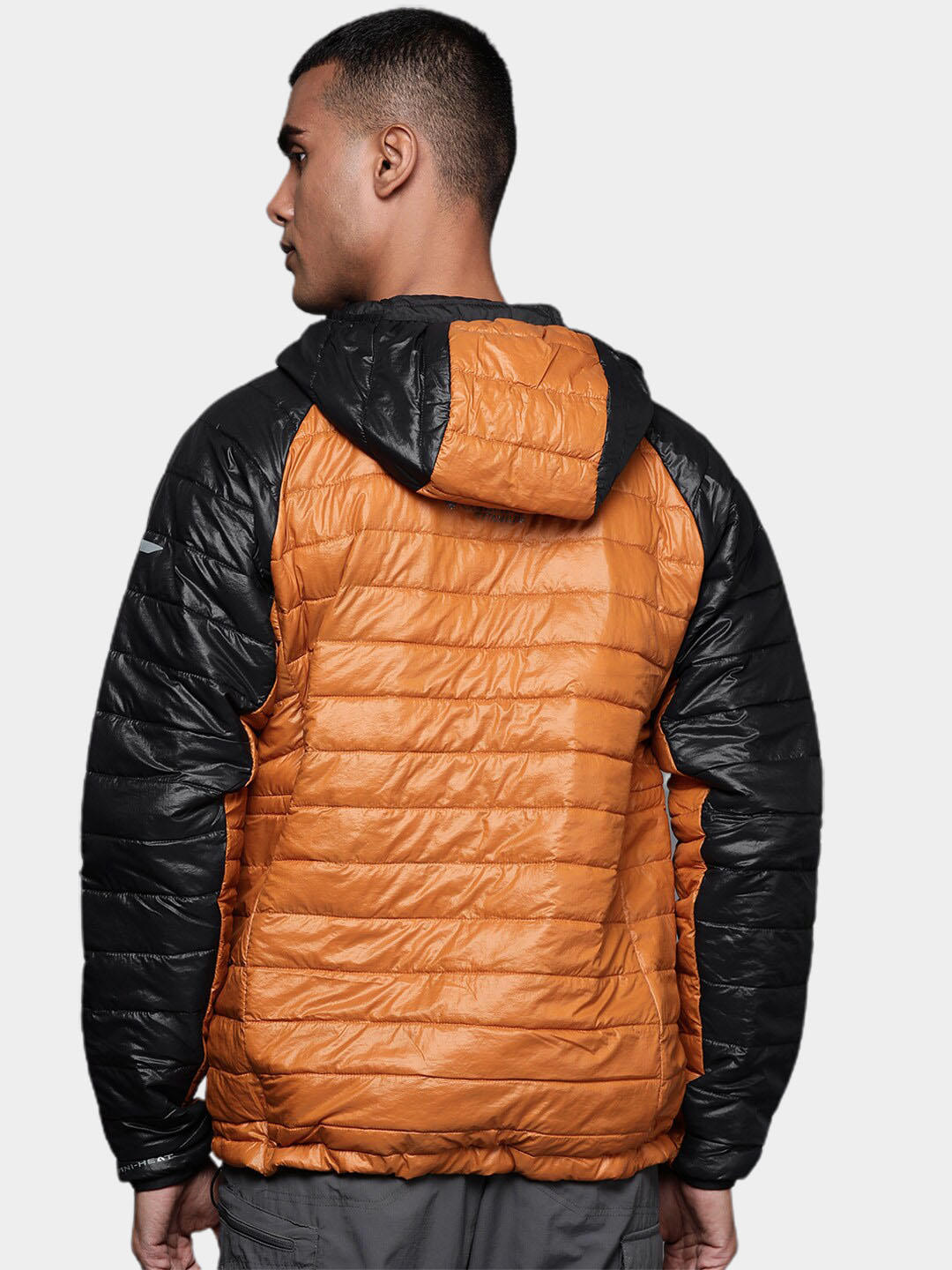 A Men Wearing Columbia Men Orange Platinum Peak Hooded Jacket