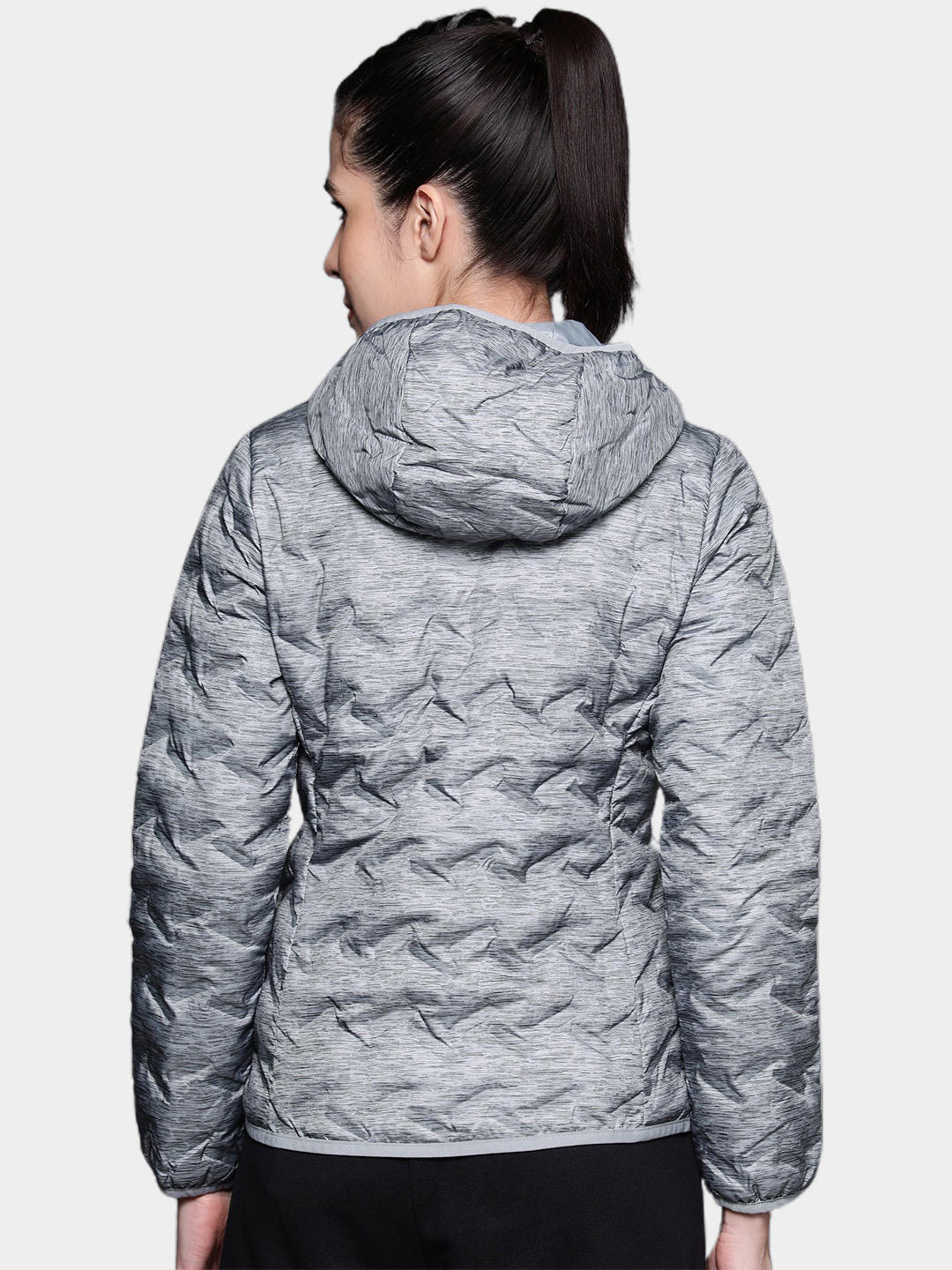 A Women Wearing Columbia Women Grey Delta Ridge Down Hooded Jacket